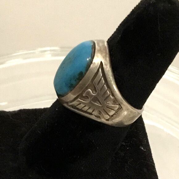 Fred Harvey Era Navajo Double Thunderbird Sterling Turquoise Ring Sz 6.75 - Picture 2 of 10